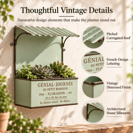 House-Shaped Metal Planter Box — French-Design Text Roof, Vintage Distressed Finish