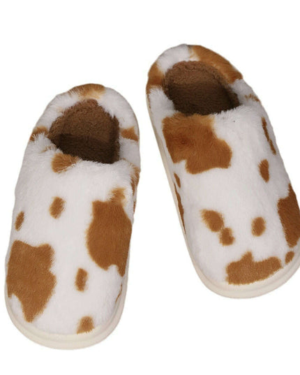 Adorable Cow Print Plush Slippers for Couples - Cozy Non-Slip Fuzzy House Shoes for Winter