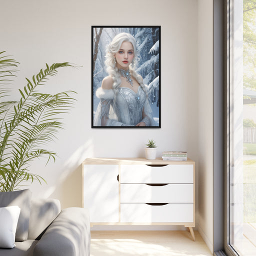 Elegant Snow White Girl Christmas Gaming Matte Canvas with Black Pinewood Frame