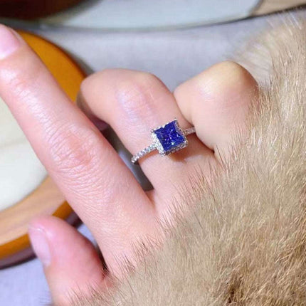 Stunning Lab Grown Sapphire & Blue Diamond Sterling Silver Ring Set - Modern Square Design