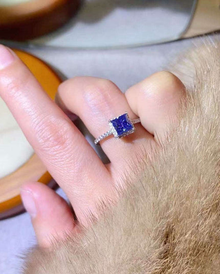 Stunning Lab Grown Sapphire & Blue Diamond Sterling Silver Ring Set - Modern Square Design