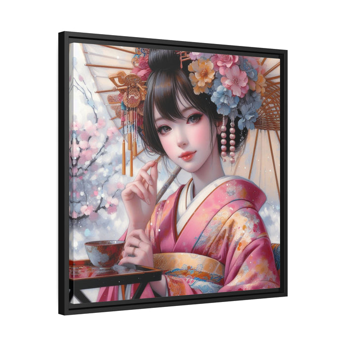 Sophisticated Kimono Lady Canvas Art Print in Black Pinewood Frame