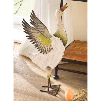 Iron & Wood Duck Garden Statue — Decorative Outdoor Sculpture