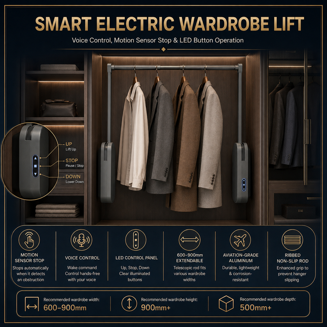 Intelligent Touch, Sensor & Voice Control Electric Wardrobe Lift — Aluminum, 15kg, Extendable 600–900mm / 900–1200mm