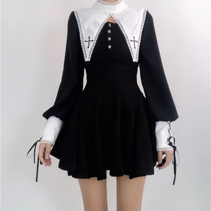 Peekaboo Studio Maria Dark Goth Nun Dress with Lace Trim and Modest Fi