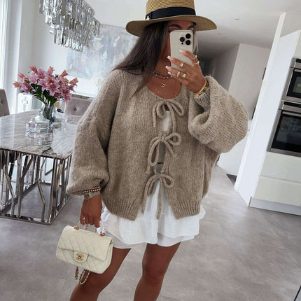 2024 Casual Knitted Bow Lace Up Cardigan Women Solid O-neck Short Sleeve Hollow Out Sweater Female Autumn Lady Solid Streetwear