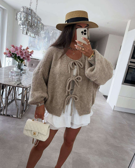 2024 Casual Knitted Bow Lace Up Cardigan Women Solid O-neck Short Sleeve Hollow Out Sweater Female Autumn Lady Solid Streetwear