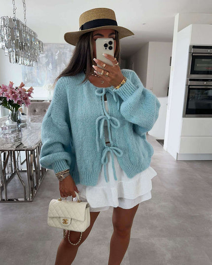 2024 Casual Knitted Bow Lace Up Cardigan Women Solid O-neck Short Sleeve Hollow Out Sweater Female Autumn Lady Solid Streetwear
