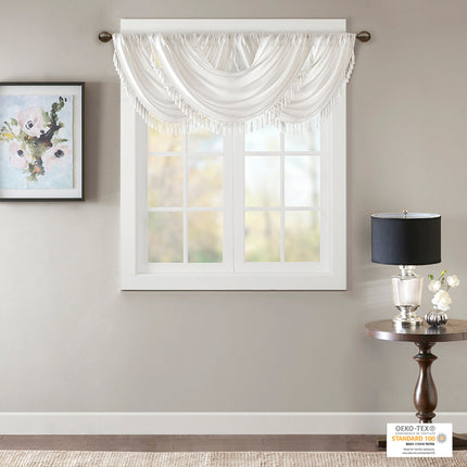 Room and Decor Faux Silk Waterfall Valance, Embellished, 38x46" White