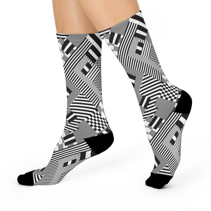 Monochrome Geometric Print Crew Socks - One Size Fits All