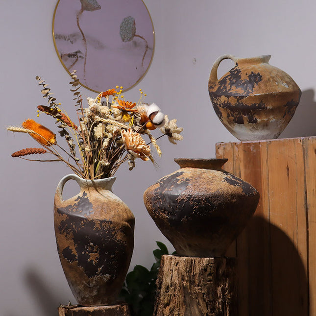 Mottled Kettle Ceramic Vases Set New Chinese Style Stoneware Butterfly Motif
