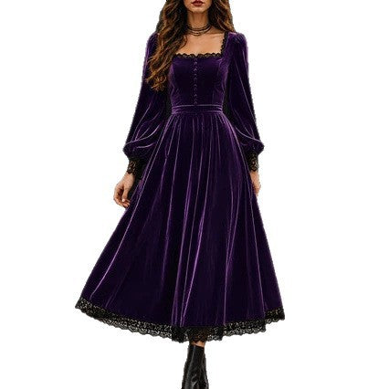 Peekaboo Studio Square-neck Velvet Dress with Lace Panels and Sleeves