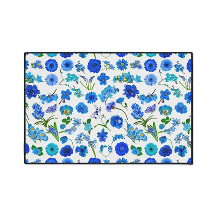 Elegant Customizable Blue Blossom Floor Mat with Chic Black Trim