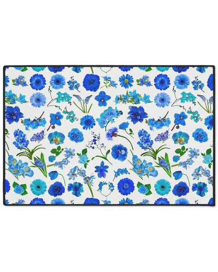 Elegant Customizable Blue Blossom Floor Mat with Chic Black Trim