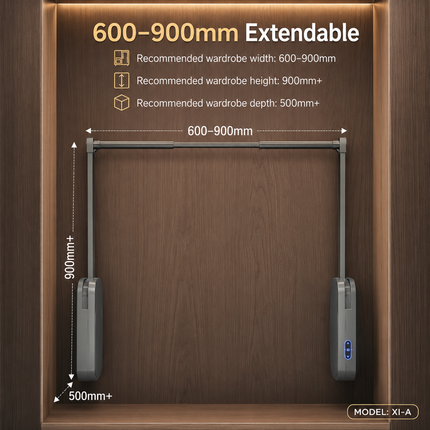 Intelligent Touch, Sensor & Voice Control Electric Wardrobe Lift — Aluminum, 15kg, Extendable 600–900mm / 900–1200mm