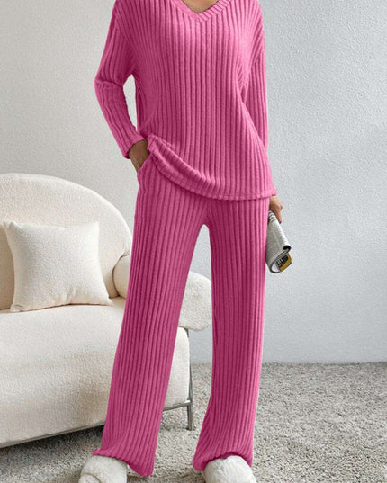 Chic Ribbed V-Neck Lounge Set - Ultimate Comfort Attire