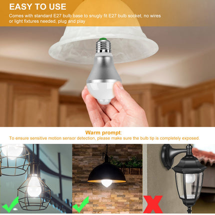 E27 Motion Sensor LED Light Bulb 9W Dusk To Dawn Automatic On Off Indoor Outdoor