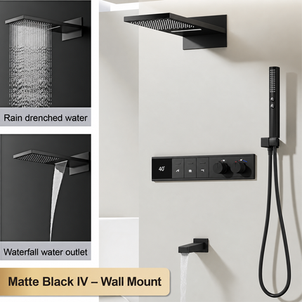 LED Digital Thermostatic Shower Set with Ceiling Rain Head & Slide Bar