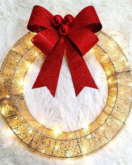 Christmas Garland 50CM Luminous LED Warm Light Metal Luminous Wreath With Big Bowknot Christmas Front Door Home Holiday Party Door Hanging Decor