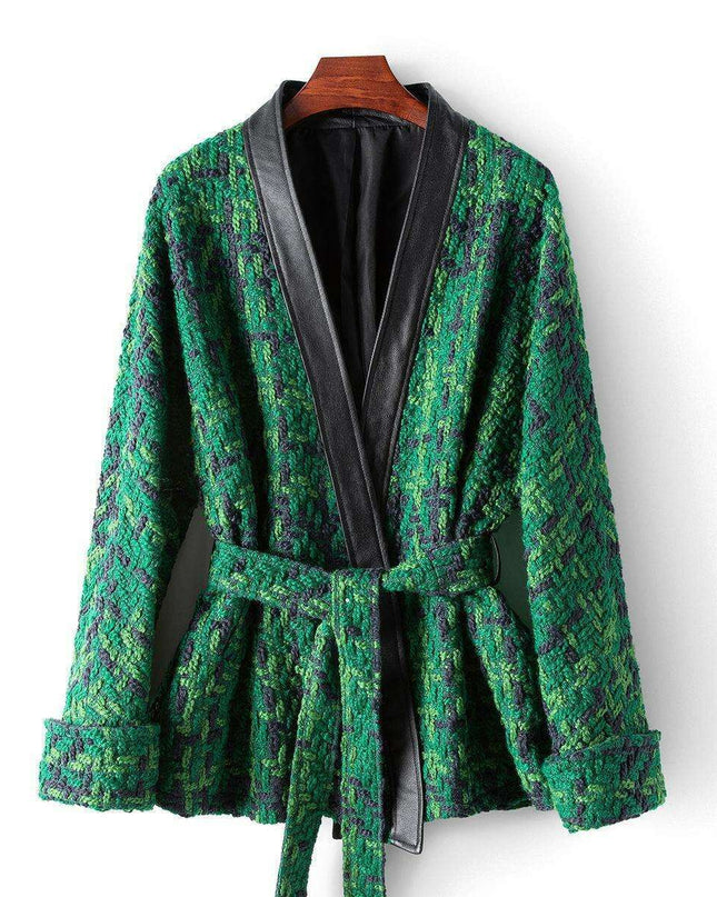 Contemporary Lace-Up Tweed Jacket with Trendy Color Block Design for Effortless Style