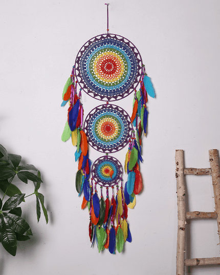 Handcrafted Indian Three-Ring Dream Catcher: Festive Cultural Home Decor Accent