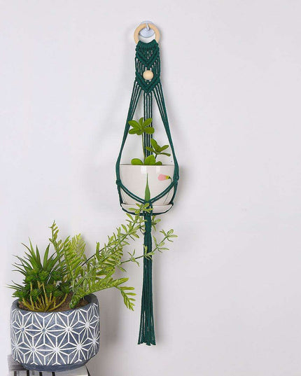 Boho-Chic Green Macrame Wall Plant Hanger with Iron Ring - Elevate Your Home Decor