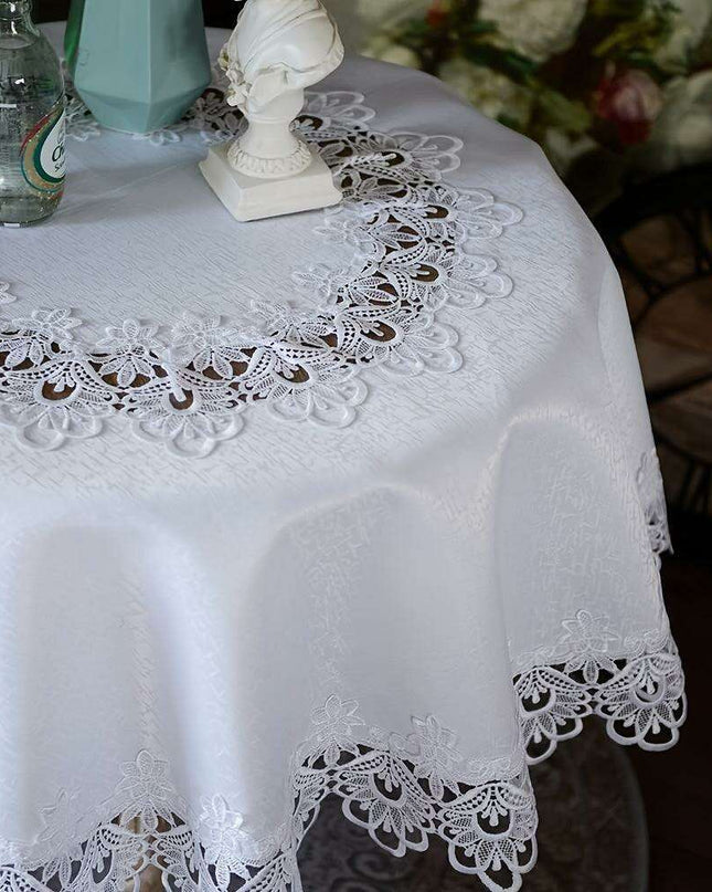Sophisticated White Floral Lace Round Table Cover - 32-Inch Polyester Cloth for Elegant Dining Events, Easy Care