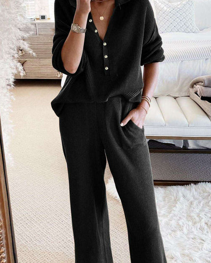 Elegant Black Ribbed Lounge Set with Henley Collar - Perfect Blend of Style and Comfort