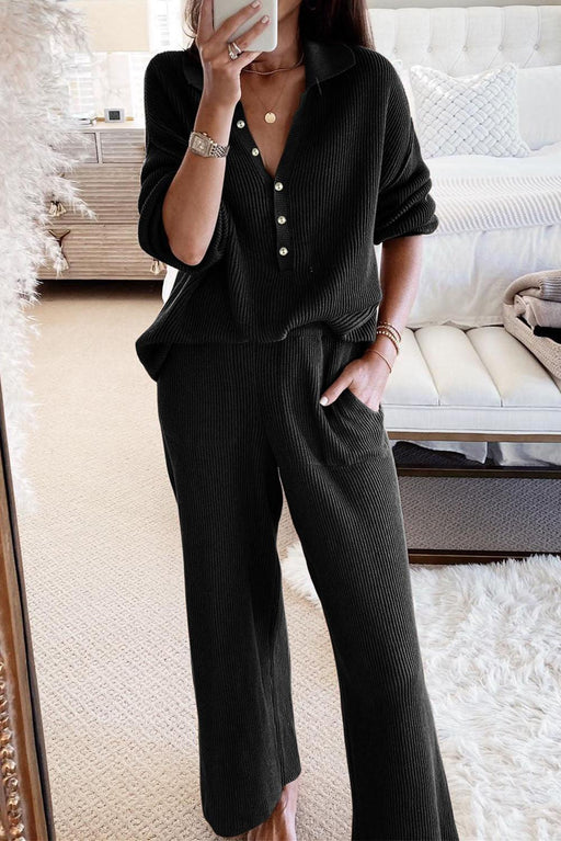 Comfy Chic Black Ribbed Knit Collared Lounge Set