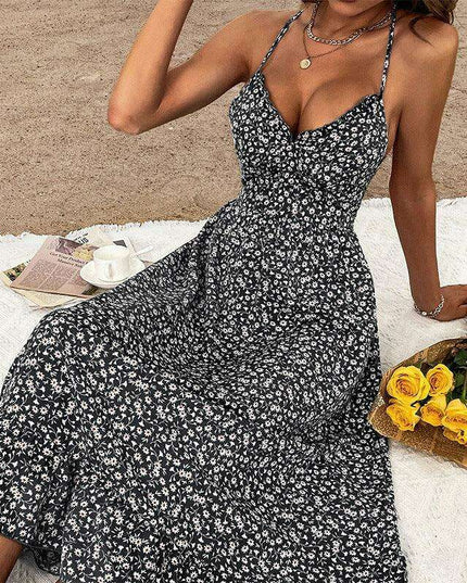Elegant Black Floral Summer Dress with V-Neck and Sleeveless Design