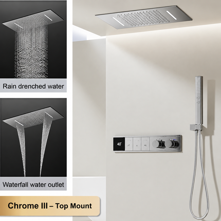 LED Digital Thermostatic Shower Set with Ceiling Rain Head & Slide Bar