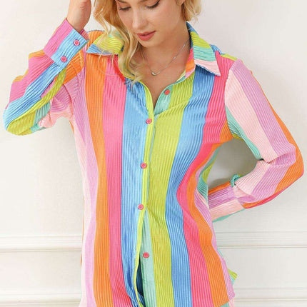 Colorful Crinkle Shirt and Shorts Ensemble with Playful Rainbow Stripes