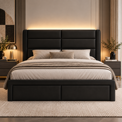 Queen Upholstered Bed Frame with LED Lighting & Faux Leather Headboard — No Box Spring Needed Platform Beds & Bed Frames queen-upholstered-bed-frame-with-led-lights-faux-leather-no-box-spring-needed-black Furniture > Bedroom Furniture > Beds & Bed Frames