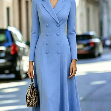 Women's Elegant Double-Breasted Long Dress — Cinched Waist & Flared Skirt