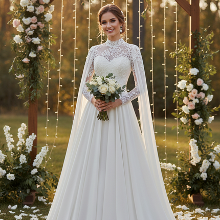 Peekaboo Studio Lace Slim Long Sleeve Fishtail Wedding Dress with Trai