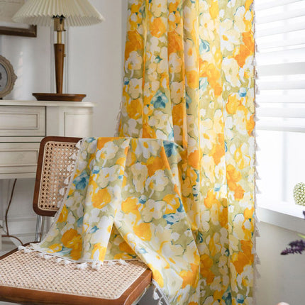 Peekaboo Studio Garden Flower Print Yellow Semi-Sheer Kitchen Curtain