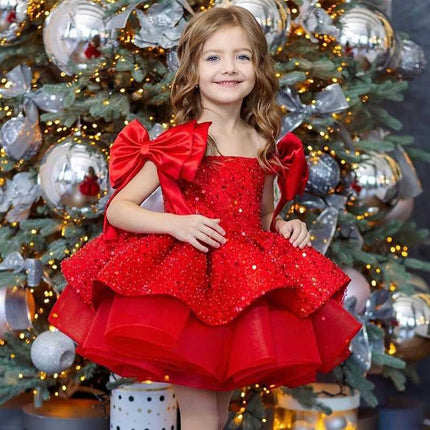 Peekaboo Studio Girl's Red Tulle Princess Dress with Sequined Bow