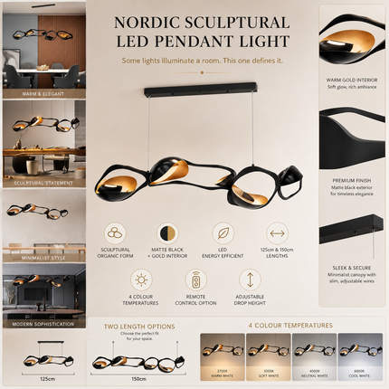 Nordic sculptural LED pendant light in a black and gold finish, shown with multiple interior design application images, technical specifications, two length options, and four color temperature options on a beige background.
