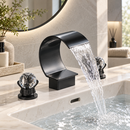 Rozin Widespread Waterfall Basin Faucet with Dual Crystal Handles | Golden, Chrome, Black & Silver