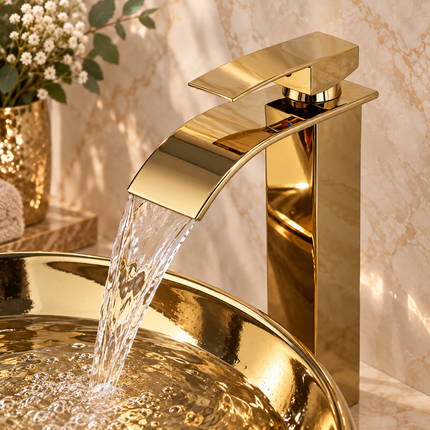Luxury Gold Ceramic Vessel Sink - Round Above Counter Basin with Faucet