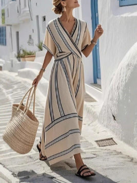 Peekaboo Studio Women's Boho Striped V Neck Pleated A-Line Dress