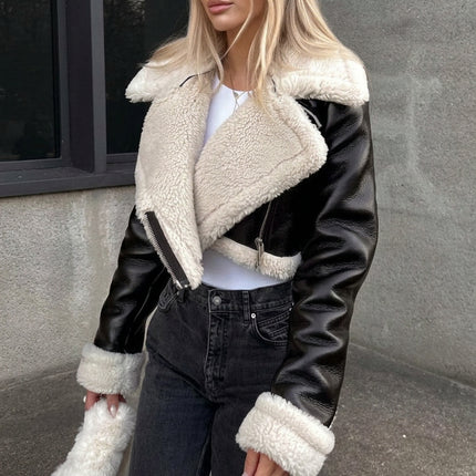 Women's Cropped Biker-Style Jacket with Cream Trim