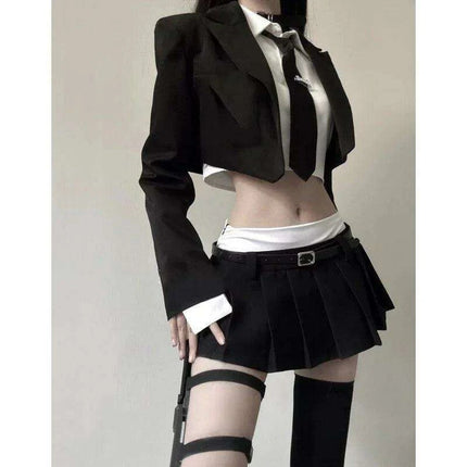 3-Piece Tailored Ensemble: Stylish Black Blazer, Trendy Top, and Flattering Mini Skirt - Très Elite