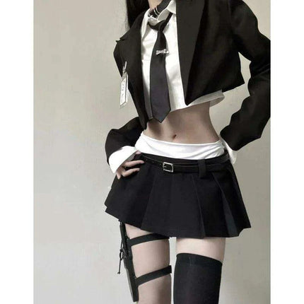 3-Piece Tailored Ensemble: Stylish Black Blazer, Trendy Top, and Flattering Mini Skirt - Très Elite