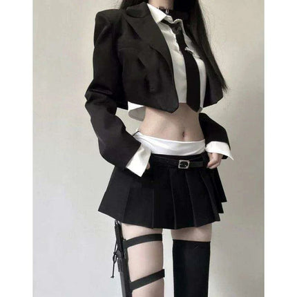 3-Piece Tailored Ensemble: Stylish Black Blazer, Trendy Top, and Flattering Mini Skirt - Très Elite