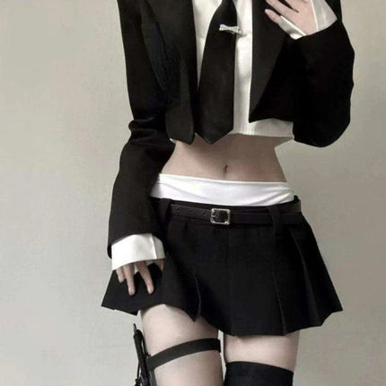 3-Piece Tailored Ensemble: Stylish Black Blazer, Trendy Top, and Flattering Mini Skirt - Très Elite