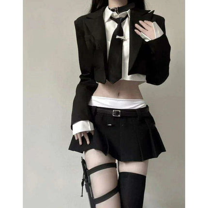 3-Piece Tailored Ensemble: Stylish Black Blazer, Trendy Top, and Flattering Mini Skirt - Très Elite