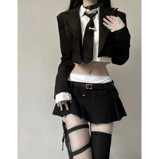 3-Piece Tailored Ensemble: Stylish Black Blazer, Trendy Top, and Flattering Mini Skirt