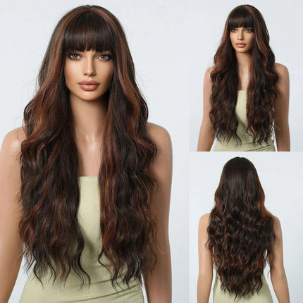 30-Inch Brown Wavy Synthetic Wig with Bangs - Perfect for Parties and Themed Events - Très Elite