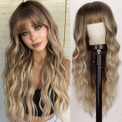 30-Inch Brown Wavy Synthetic Wig with Bangs - Perfect for Parties and Themed Events - Très Elite